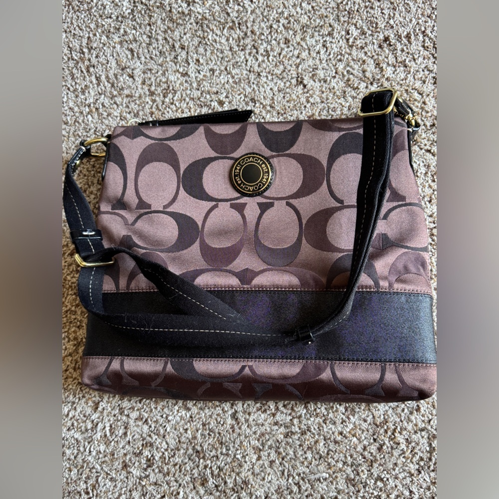 Coach‎ Signature Brown And Black Crossbody Bag With Leather Trim - Picture 12 of 13